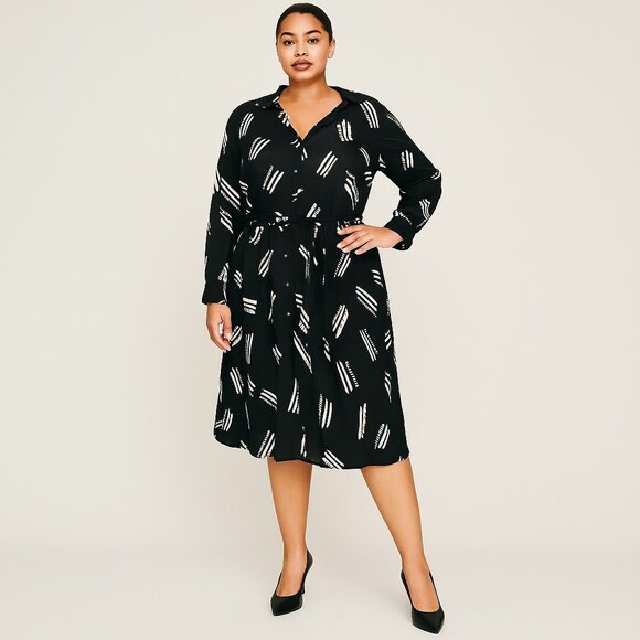 Lucky Brand Black White Abstract Print Long Sleeve Shirt Dress Womens Size 1X - Picture 1 of 8